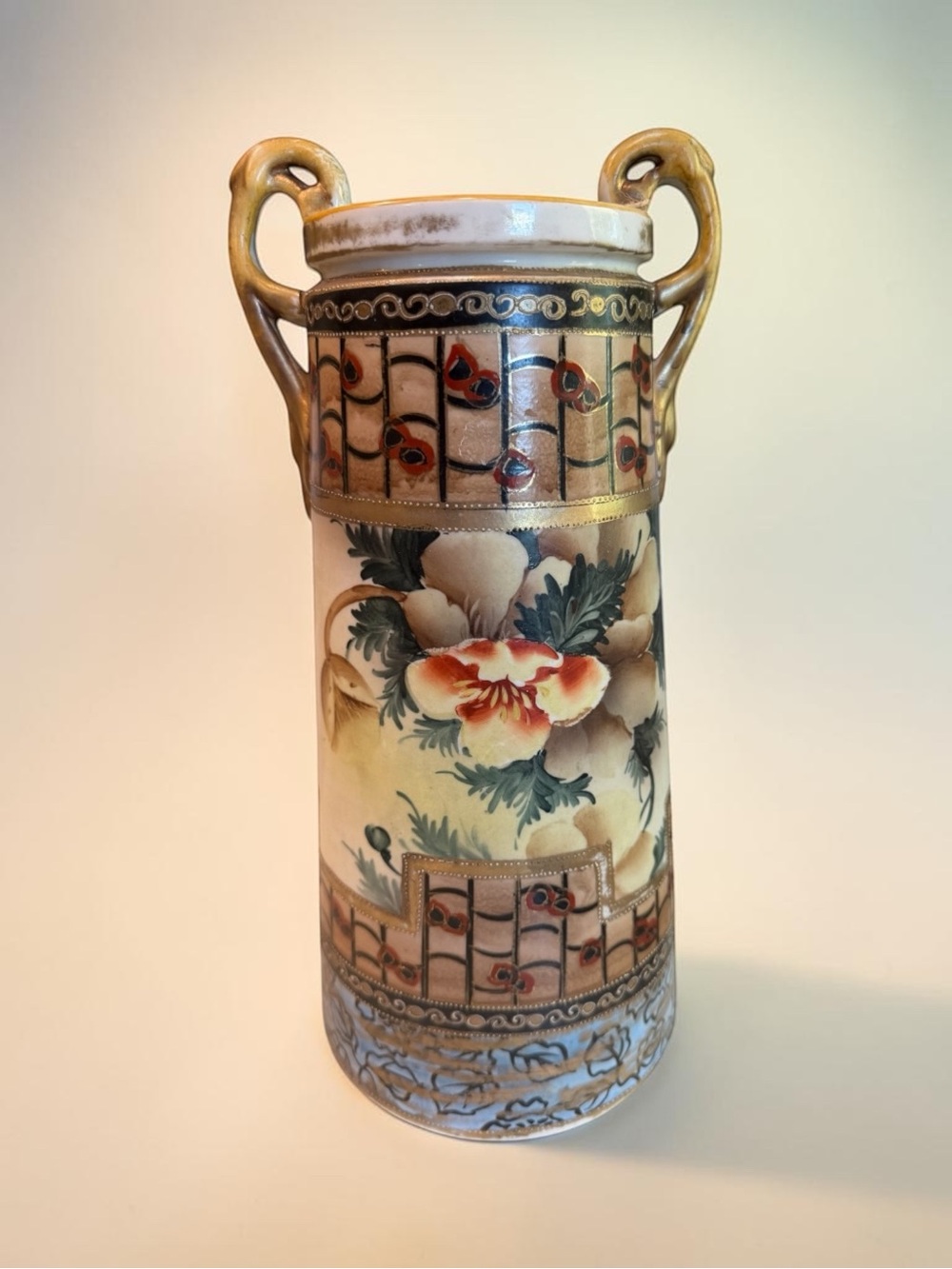 Antique Nippon Hand-Painted Porcelain Twin-Handled Floral Vase - Gold Moriage